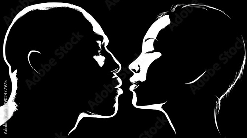 Romantic Silhouettes of Diverse Couple in Black and White, Close-Up Profile of Man and Woman Connecting Emotionally