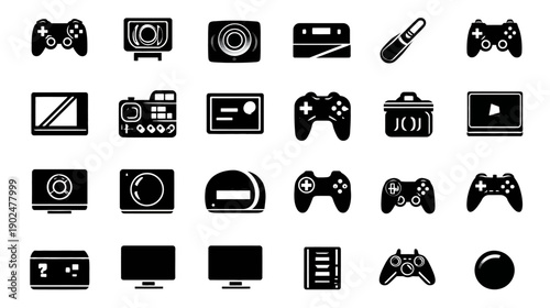 Technology gadget and electronic device icons set. Digital entertainment, communication, and photography symbols.
