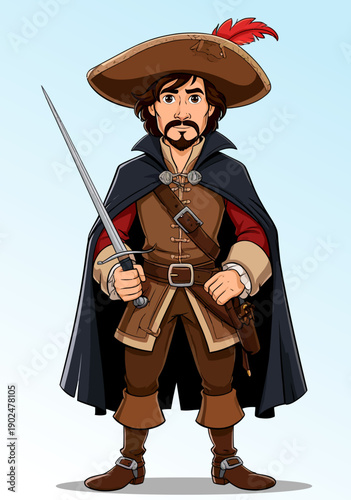 066-02-Musketeer character standing wearing plumed hat and cape, holding a sword