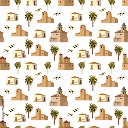 Seamless vector pattern with traditional Spanish architecture, palm trees inspired by Andalusia and Granada.