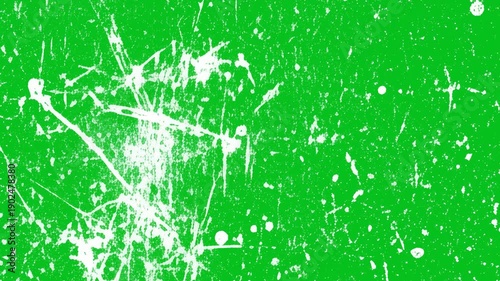 A collection of chroma key green screen overlays featuring distinct white grunge textures, including vertical scratches, heavy dust, distressed noise, and paint splatters for retro video effects.