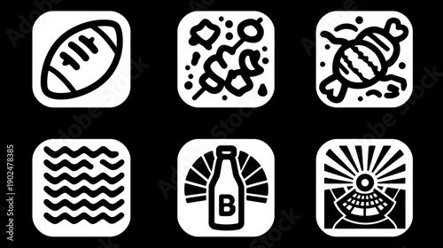Diverse vector icon set: football, kebabs, seafood, water waves, beer bottle, and traditional Asian hat. Black and white graphic elements.