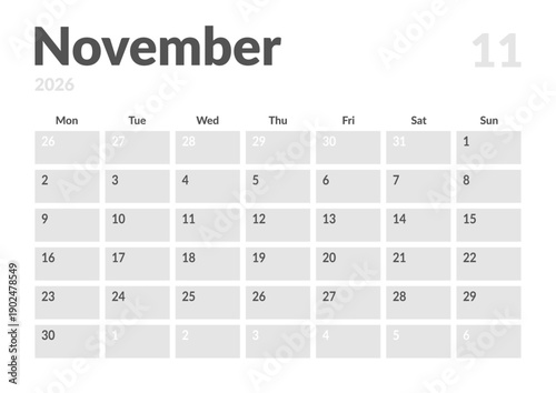 Monthly page Calendar Planner Template design of November 2026. Vector layout of calendar with week start Monday for Scheduling. Page for size A4 or 21x29.7 cm