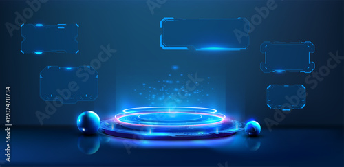 Futuristic 3D render of a glowing holographic platform with neon rings and transparent HUD panels on a dark navy blue background, front view, clean tech aesthetic, ample copy space for a technology pr