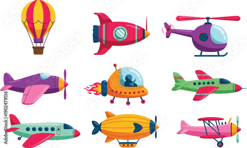 Cartoon flying vehicles set, hot air balloon, rocket, airplane, helicopter, spaceship, blimp, biplane, kids illustration, colorful transport