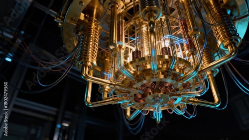 Close-up of quantum computer dilution refrigerator looking like intricate golden chandelier