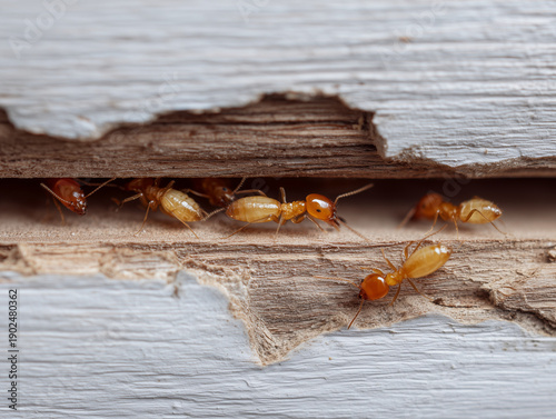 Close Up of Live Termites on Wooden Trim Inside House Showing Pest Damage