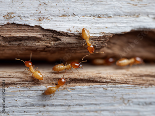 Close Up of Live Termites on Wooden Trim Inside House Showing Pest Damage