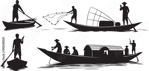 Black silhouettes of people on boats with oars and fishing nets on water