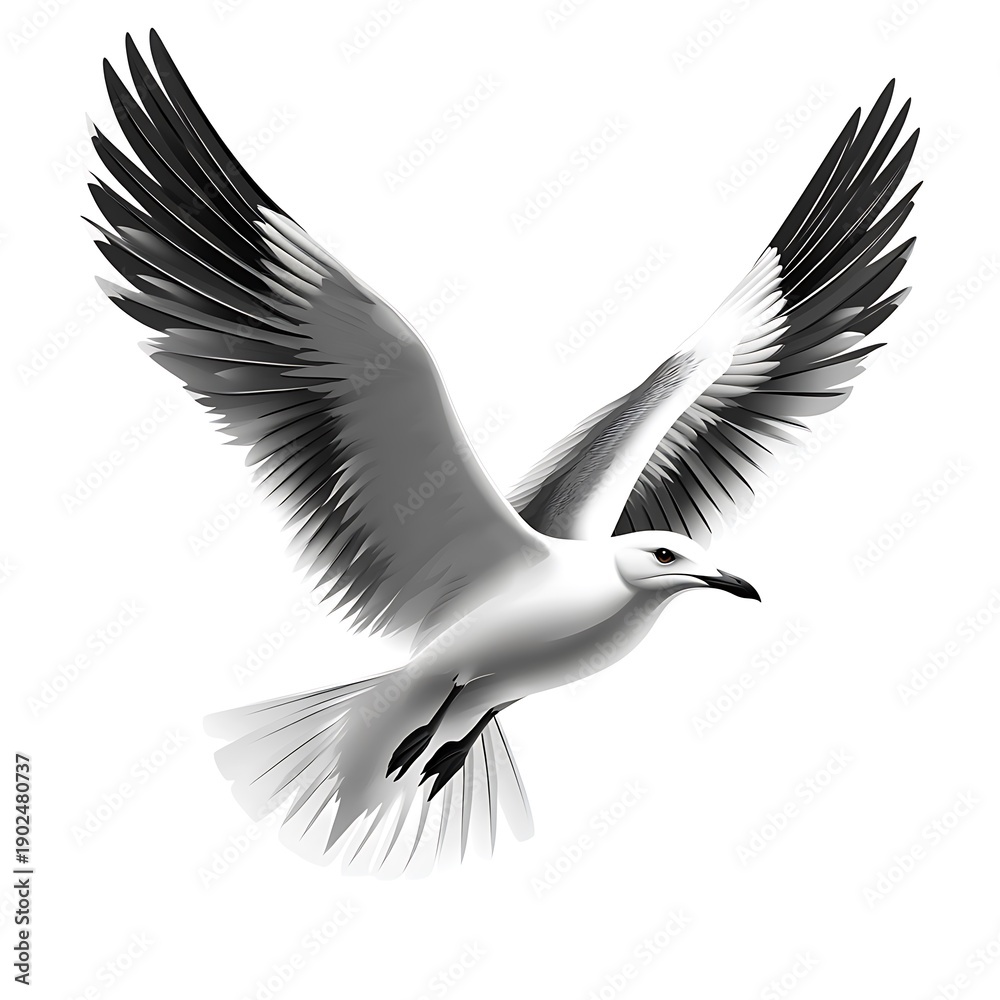 Obraz premium Seagull in flight with wings spread wide on a photo white background bird flying