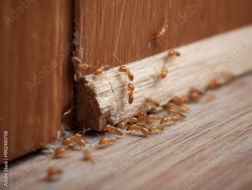 Close Up of Live Termites on Wooden Trim Inside House Showing Pest Damage