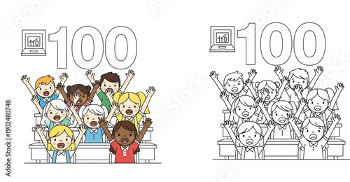 Happy diverse school children celebrating 100 days of school with computer, colored and outline version for coloring book, educational vector