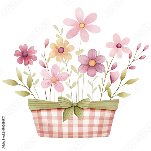 Wallpaper Mural Pastel watercolor flowers in gingham basket Torontodigital.ca