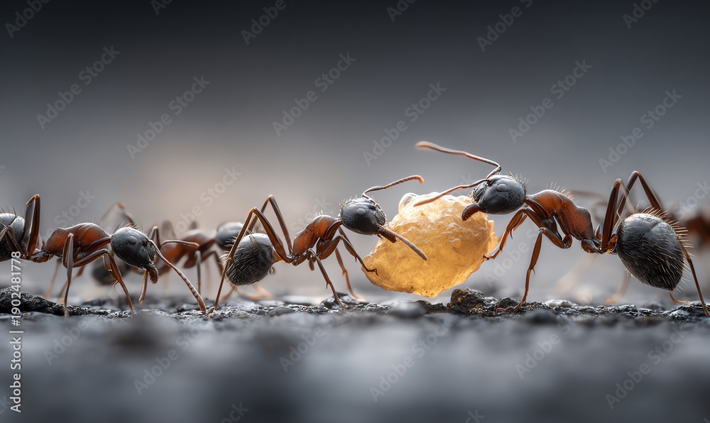 Fototapeta premium Ants Cooperating to Carry Food Particle