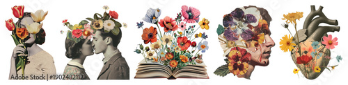 PNG Vintage floral surreal art collage on transparent background