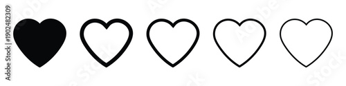 A set of black heart icons, varying from solid fill to thin outline, representing love, emotion, and affection for user interface design.