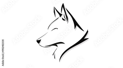 Elegant minimalist black and white line art illustration of a wolf or dog head in profile, simple animal logo concept.