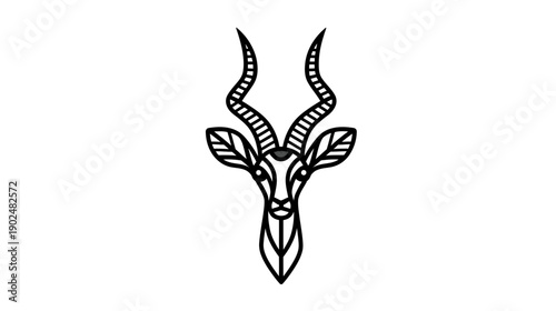 Geometric linear antelope head illustration. Modern minimalist black and white line art of a wild gazelle or impala with curved horns.