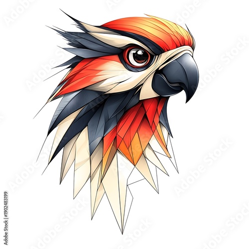Sharp Feathered Bird Head with Red Orange and Blue Tones beak feathers photo