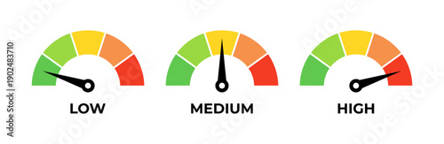 Set of three color-coded semi-circular performance gauge meters with black needles indicating low, medium, and high levels on a green to red graduated scale