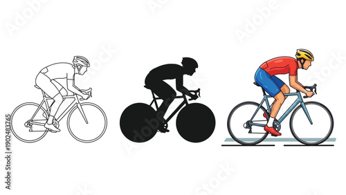Set of three illustrations showing a cyclist in different styles line art sketch, solid silhouette and fullcolor drawing, representing process of graphic design or style variation