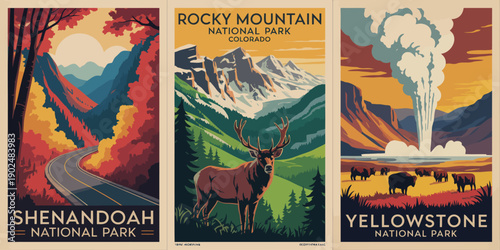 Shenandoah Poster, scenic fall foliage with mountain road travel landscape vector