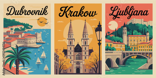 Dubrovnik Poster, Mediterranean coastal town with palm tree red roofs and seaside castle