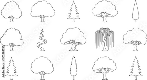 Collection of diverse tree outline icons in multiple shapes isolated on gray background, nature landscape botanical illustration set for design use
