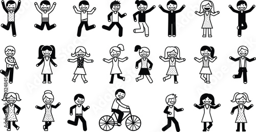 Cartoon children, stick figure kids, playful poses, dancing joy, diverse hairstyles, happy childhood, bicycle riding, fun activity, joyful illustration, diversity