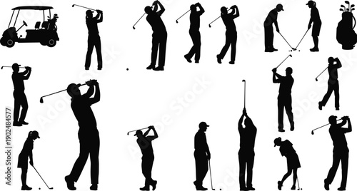 Collection of golf player silhouettes swinging clubs and putting isolated on gray background, sport activity illustration set for recreation design