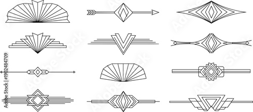 Geometric decorative designs, art deco ornaments, symmetrical line patterns, diamond shapes, arrow motifs, chevron style, fan elements, graphic embellishments, borders, dividers