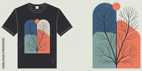 Boho Botanical Arch Illustration with Fine Line Branch for T-shirt Print