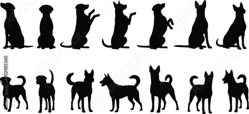 Set of Fourteen Black Silhouette Vector Illustrations Featuring Diverse Dogs in Various Poses Including Sitting Standing and Begging for Pet and Canine Designs