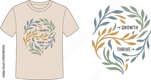 Growth and Thrive Organic Leaf Illustration for Modern T-shirt Design