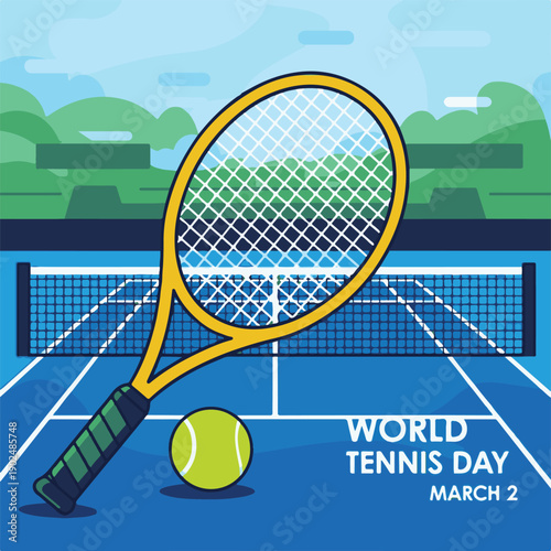 World Tennis Day Vector Background with Yellow Racket, Ball, and Outdoor Court