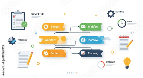 Business workflow process diagram with planning approval and implementation stages on white background