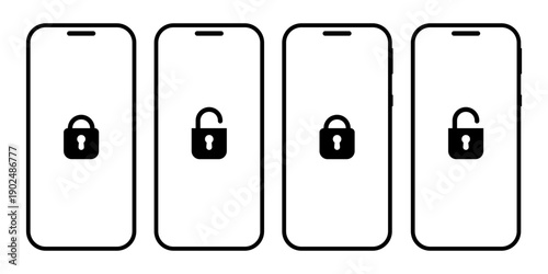 Smartphone security and lock screen mockup set. Minimalist mobile device wireframes with locked and unlocked padlock icons