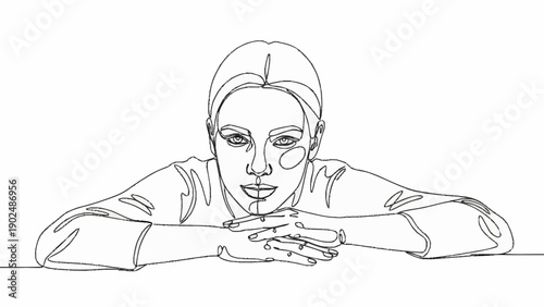 Continuous line drawing of a young woman resting her chin on her hands.