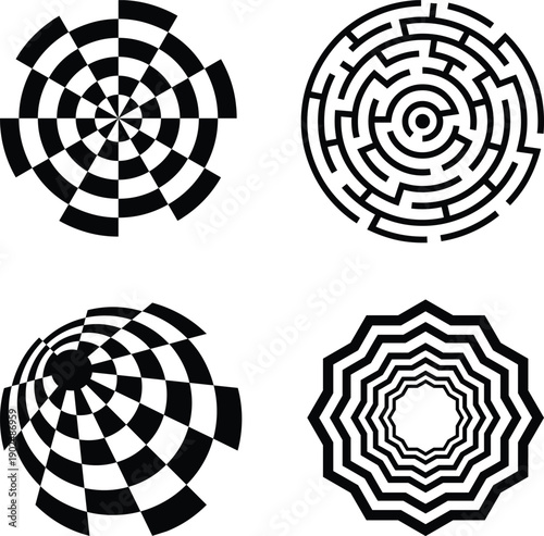 Vector Four black and white optical illusion maze designs.