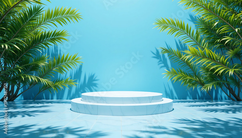 Minimal Luxury Podium with Botanical Accents on Blue Background