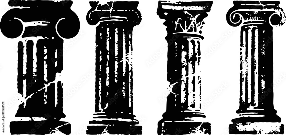 Fototapeta premium Ancient greek architectural columns set classic doric, ionic, corinthian styles in black and white vintage design