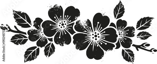 Black and white floral design with blooming flowers and leaves silhouette on white background