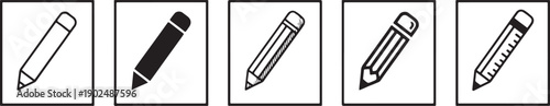 Five black and white icons illustrating different styles of pencils and writing tools arranged in a row. Vector