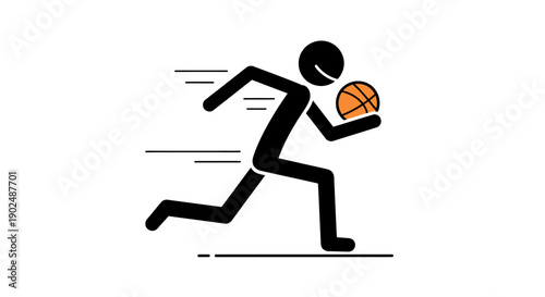 Energetic stick figure man running and dribbling a basketball, dynamic and sporty, on an isolated white background.