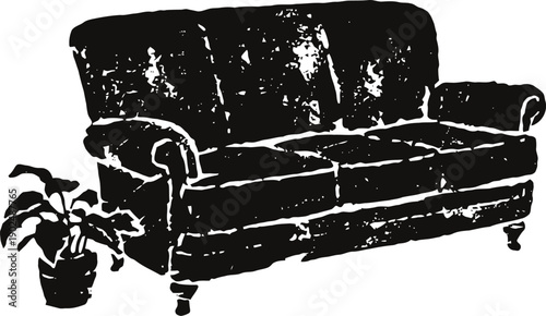 Vintage sofa with armrests beside potted houseplant silhouette illustration