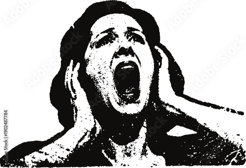 black and white distressed woman screaming, expressing fear and anxiety in intense emotional reaction