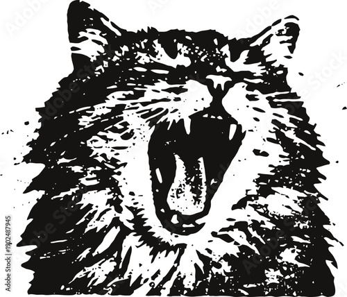yawning wild cat with open mouth and sharp teeth in black and white sketch