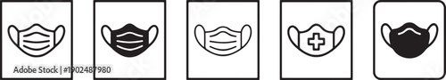 A row of five minimalist black and white icons illustrating different designs of medical face masks. Vector