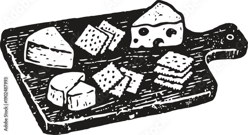 Cheese and crackers on wooden serving board with various cheese types and stacked crackers