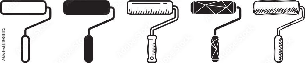 Obraz premium A row of five black and white icons illustrating different types of paint rollers or their states of use for painting tasks Vector